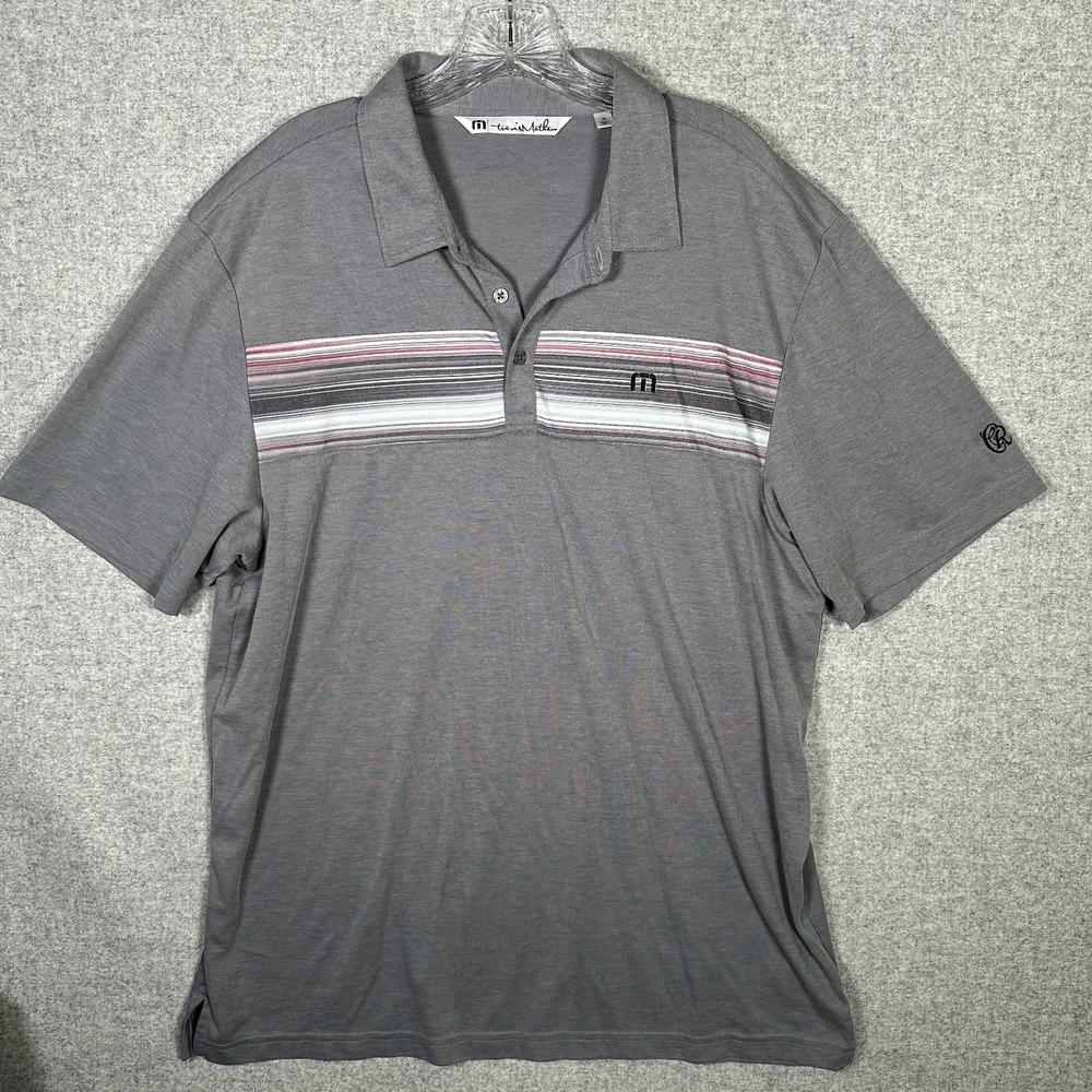 Travis Mathew XL Mens Polo Golf Shirt Gray Striped Logo Short Sleeve Lightweight